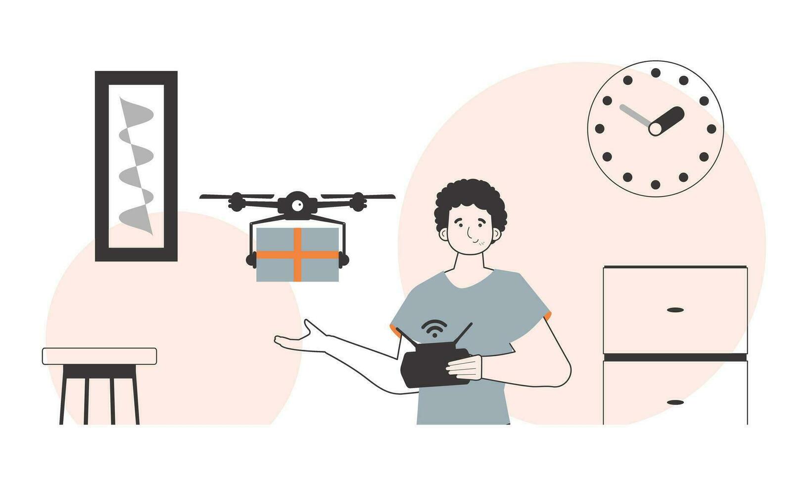 ein Mann sendet ein Paket mit ein Drohne. Drohne Lieferung Konzept. linear Stil. vektor