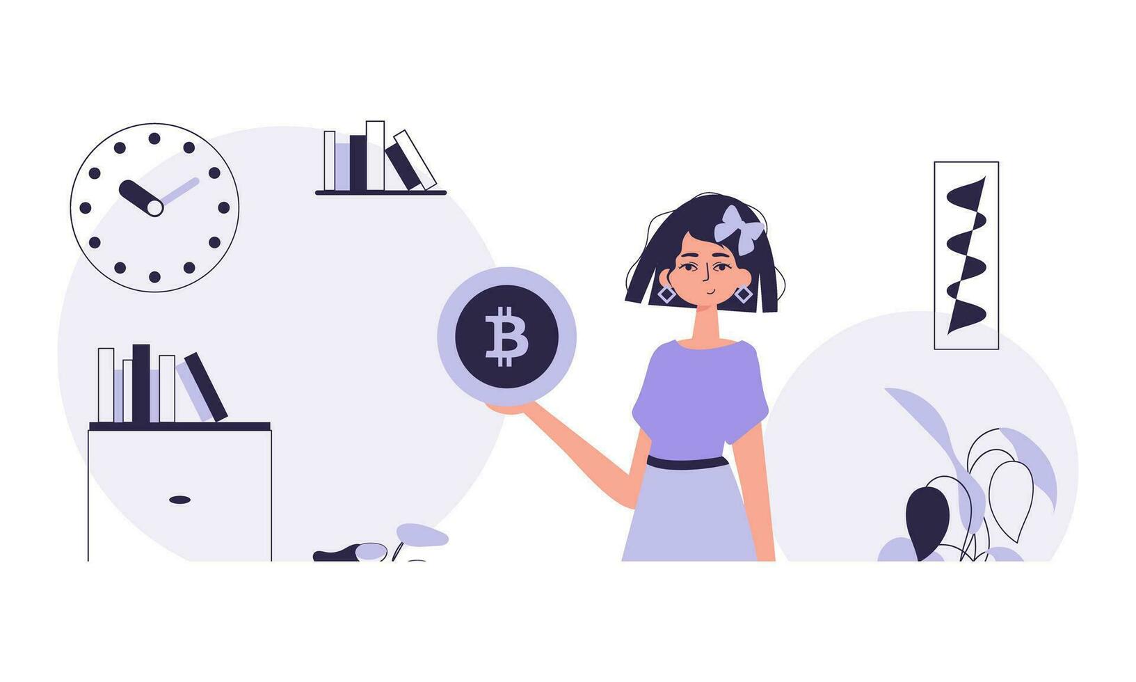 kryptovaluta begrepp. en kvinna innehar en bitcoin mynt i henne händer. karaktär i trendig stil. vektor