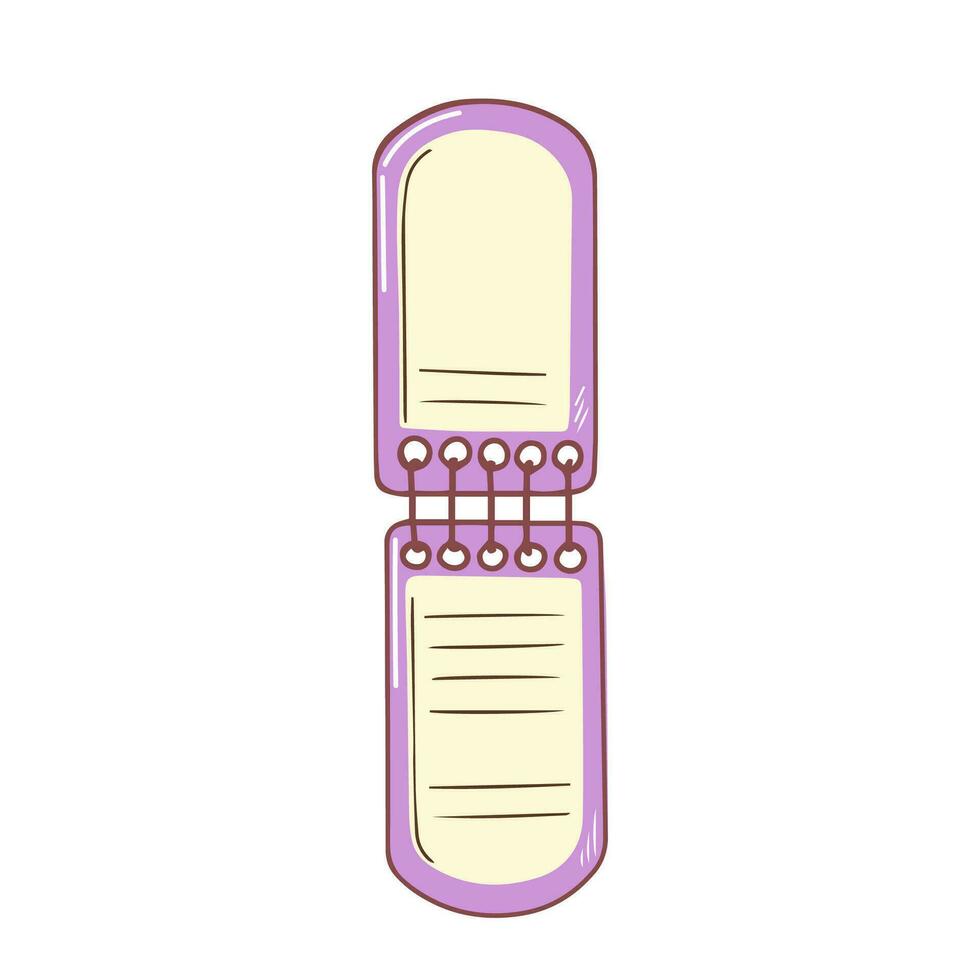 tom anteckningsblock i lila Färg. vertikal öppnad anteckningsblock. hand dragen brevpapper leveranser klotter. vektor design illustration isolerat på vit.