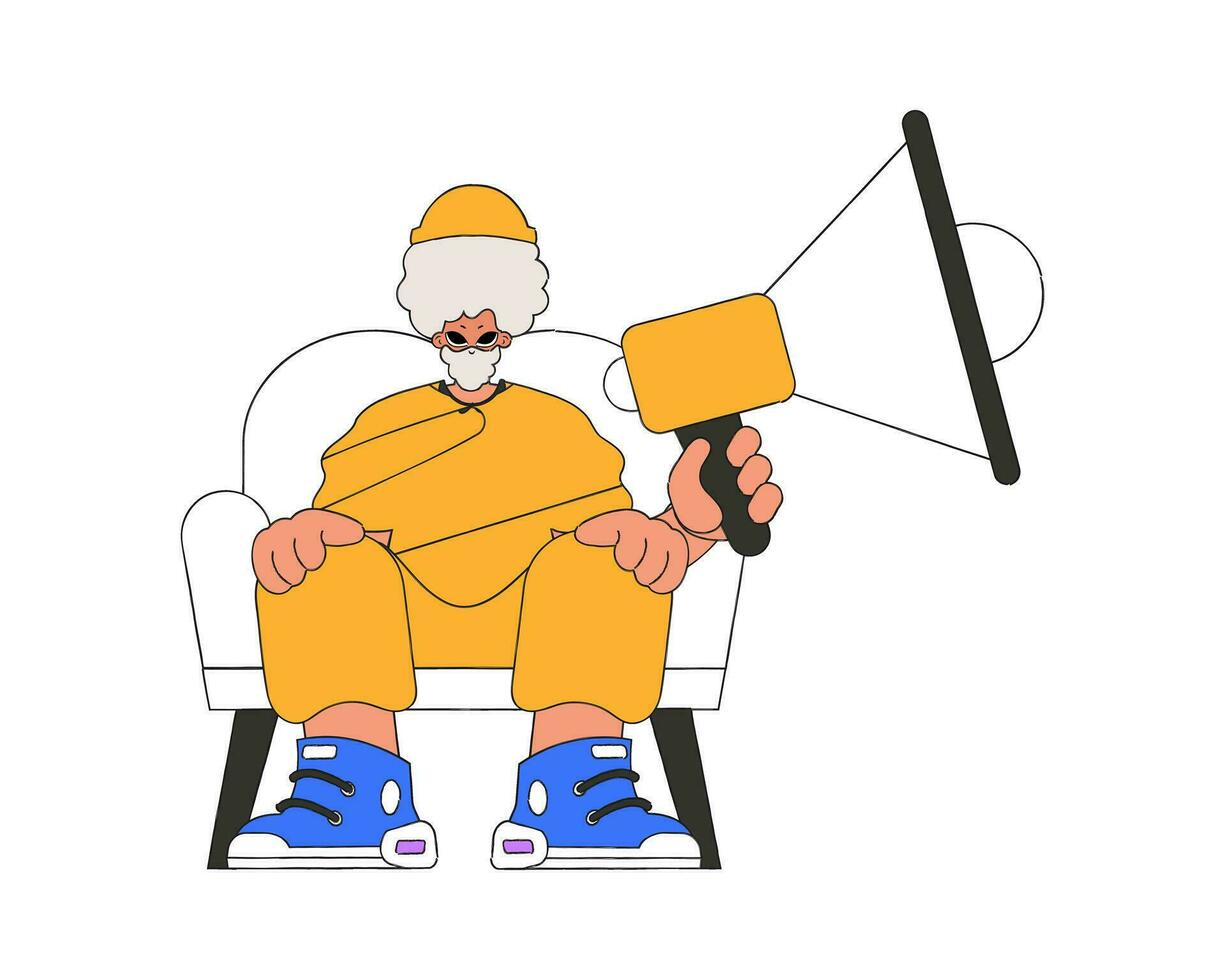en eleganta man sitter i en stol och innehar en megafon i hans hand. Bra för jobb Sök ämnen. vektor