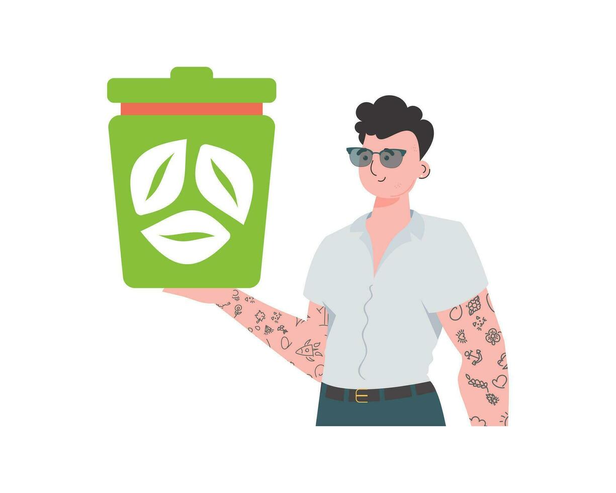 das Mann ist abgebildet Hüfthoch und halten ein Müll können im seine Hand. das Konzept von Ökologie und Recycling. isoliert auf Weiß Hintergrund. Vektor Illustration eben modisch Stil.