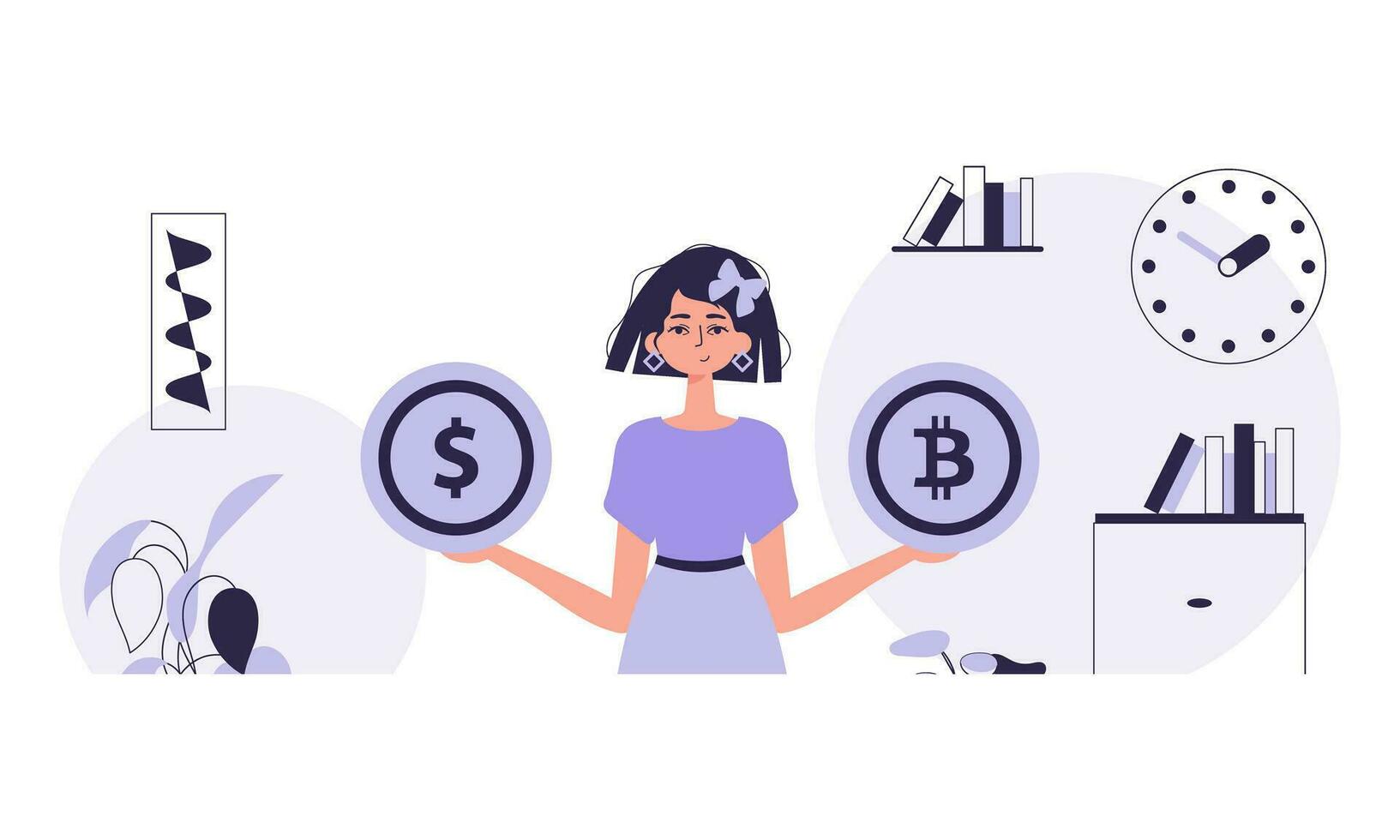 kryptovaluta begrepp. en kvinna innehar i henne händer en bitcoin och en dollar i de form av mynt. karaktär med en modern stil. vektor