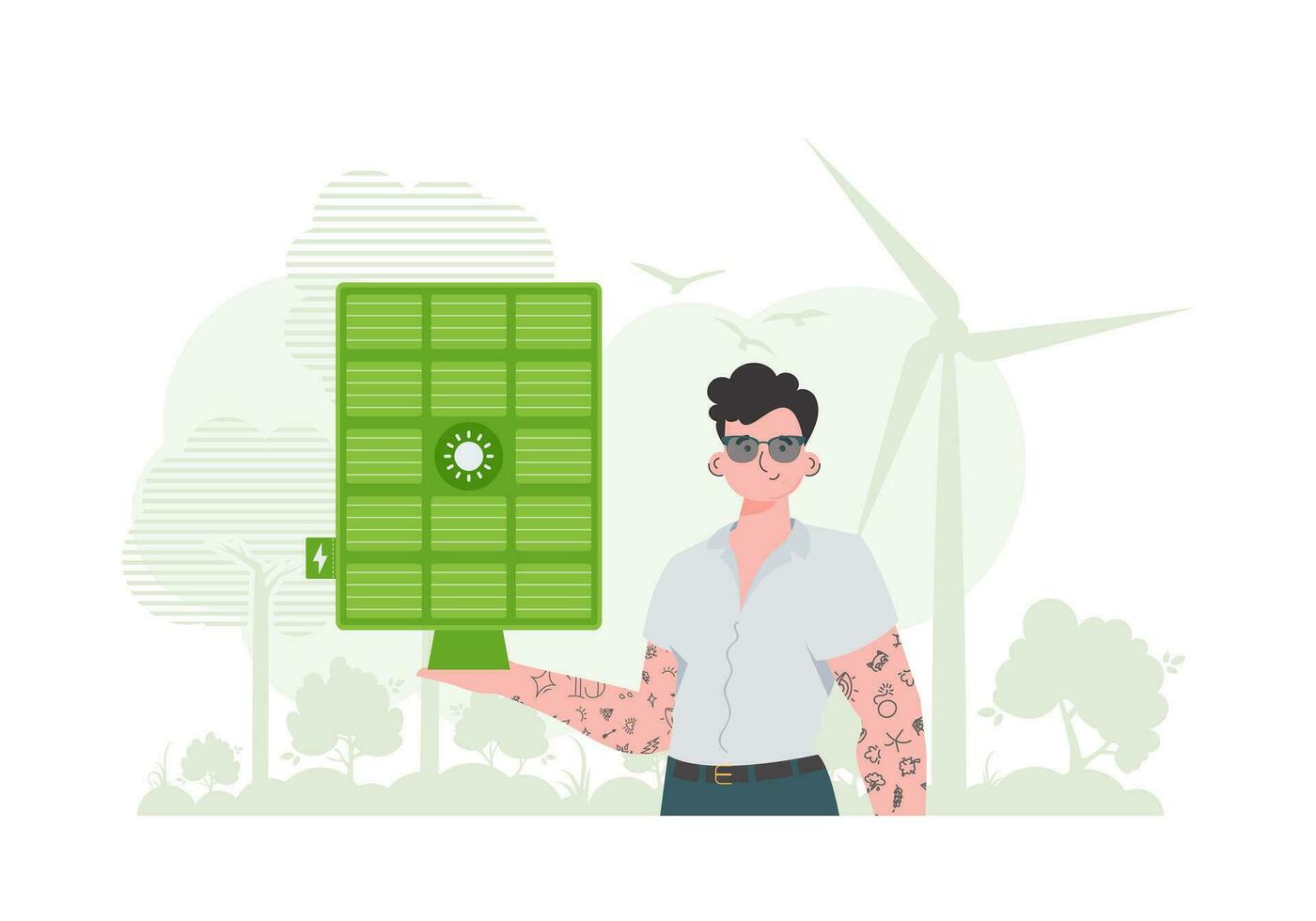 Grün Energie Konzept. das Kerl ist halten ein Solar- Panel im seine Hand. modisch Stil. Vektor Illustration.