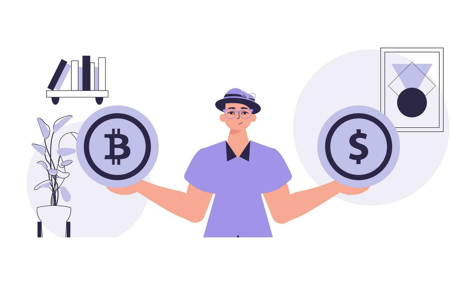 Kryptowährung Konzept. ein Mann hält ein Bitcoin und ein Dollar im seine Hände. Charakter mit ein modern Stil. vektor