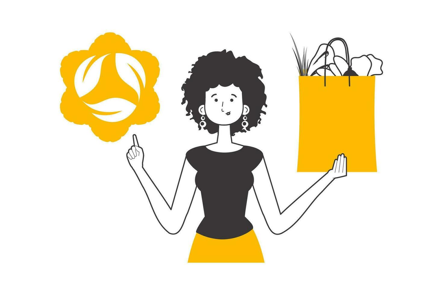 Frau, Paket mit Produkte und Öko Logo. das Konzept von ökologisch Produkte. linear Stil. isoliert auf Weiß Hintergrund. Vektor Illustration.