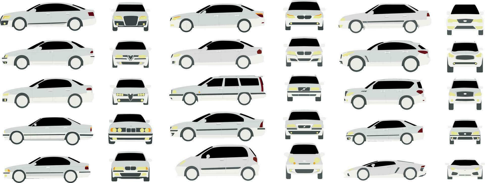 uppsättning av annorlunda främre och sida bilar i realistisk design isolerat på vit bakgrund vektor