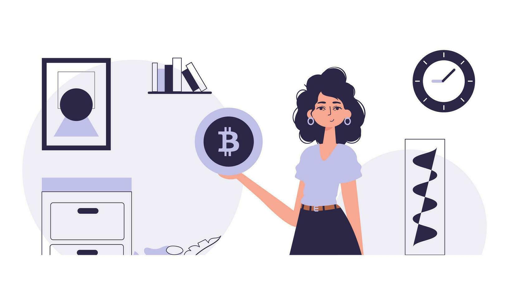 kryptovaluta begrepp. en kvinna innehar en bitcoin mynt i henne händer. karaktär i modern trendig stil. vektor