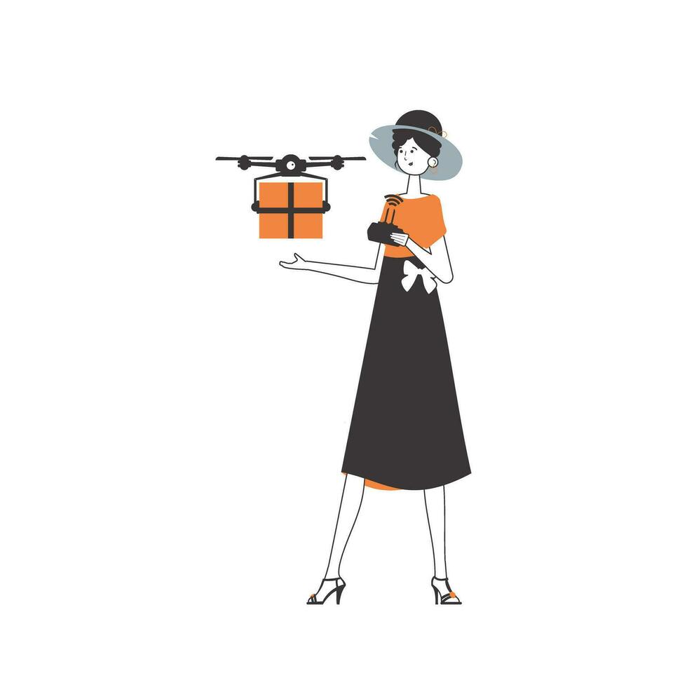 ein Frau liefert ein Paket mit ein Drohne. Luft Lieferung Konzept. minimalistisch linear Stil. isoliert auf Weiß Hintergrund. Vektor Illustration.