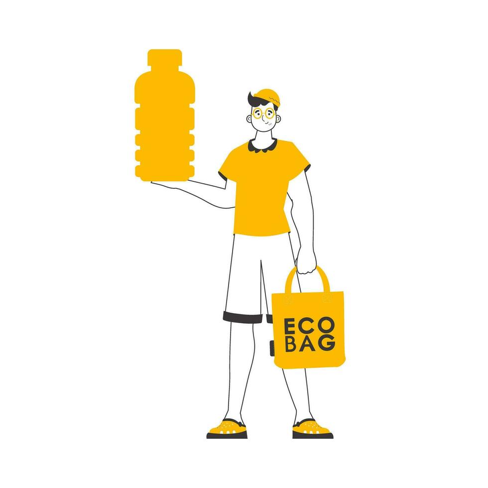 en man innehar i hans händer ett eco väska och en flaska tillverkad av biologiskt nedbrytbar plast. de begrepp av rimlig konsumtion. linjekonst stil. vektor