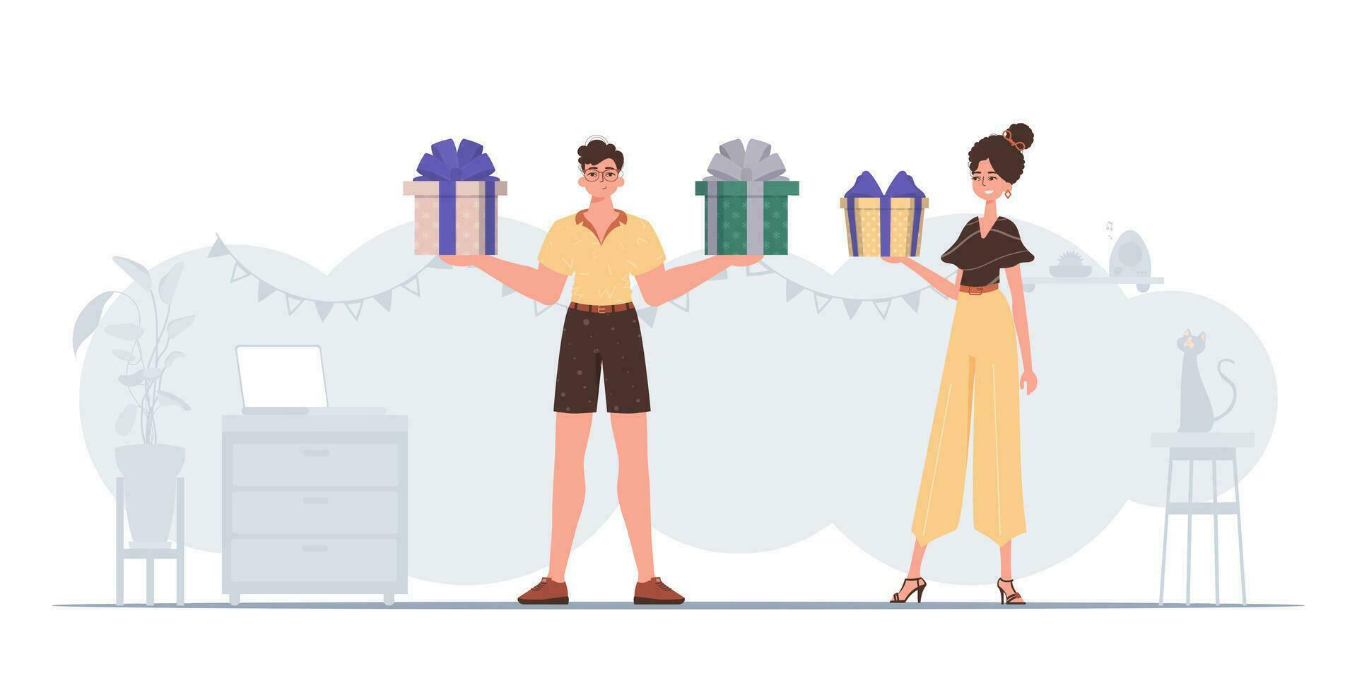 en man och en kvinna är innehav gåva lådor i deras händer. jul gåva begrepp. vektor