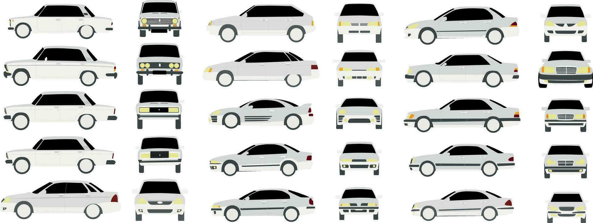 uppsättning av annorlunda främre och sida bilar i realistisk design isolerat på vit bakgrund vektor