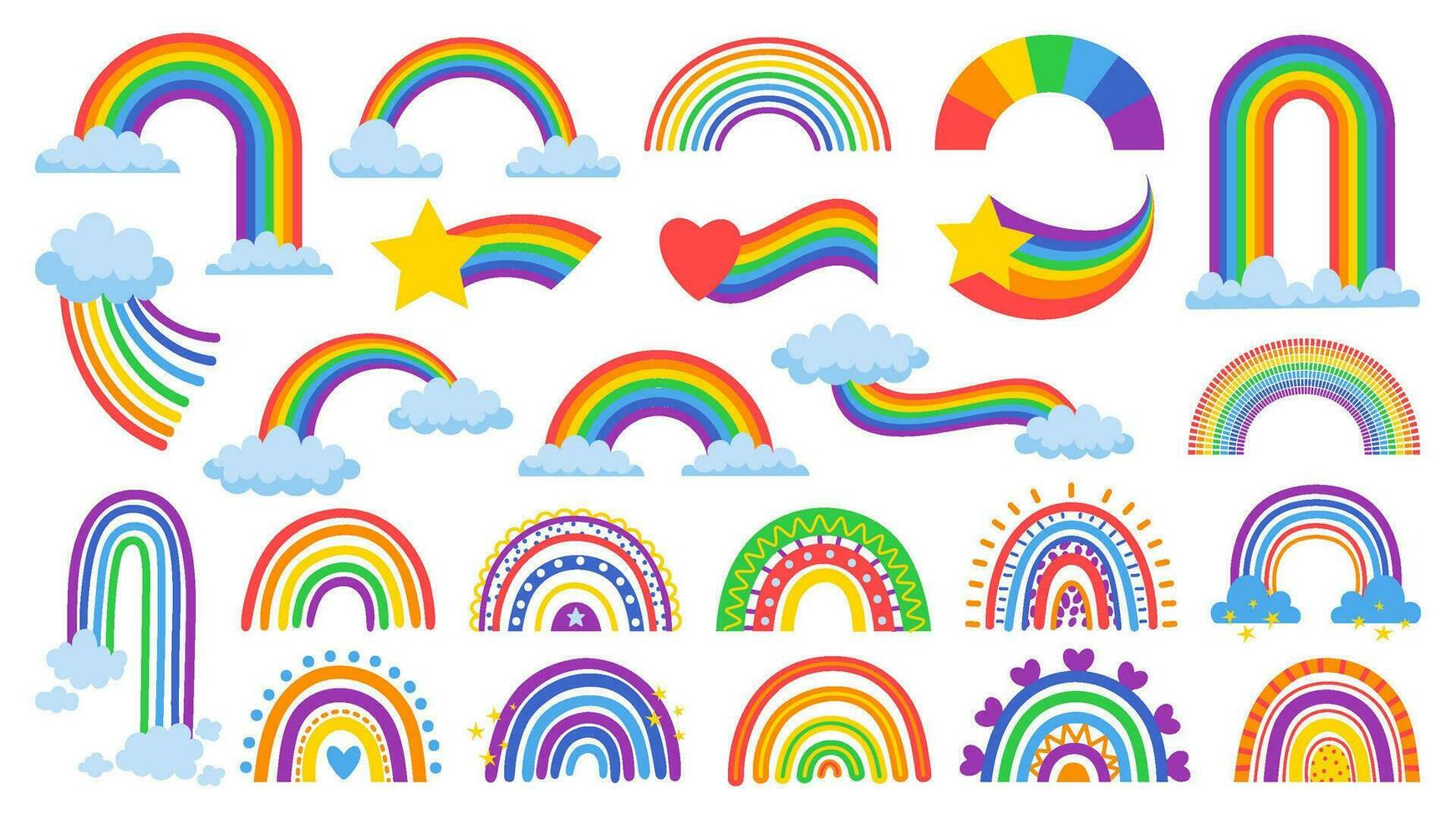 Karikatur Regenbogen. süß Himmel Bogen, Wolke, Star und Herz mit Regenbogen Schwanz. Magie Farbe Streifen Hand gezeichnet Vektor Illustration einstellen