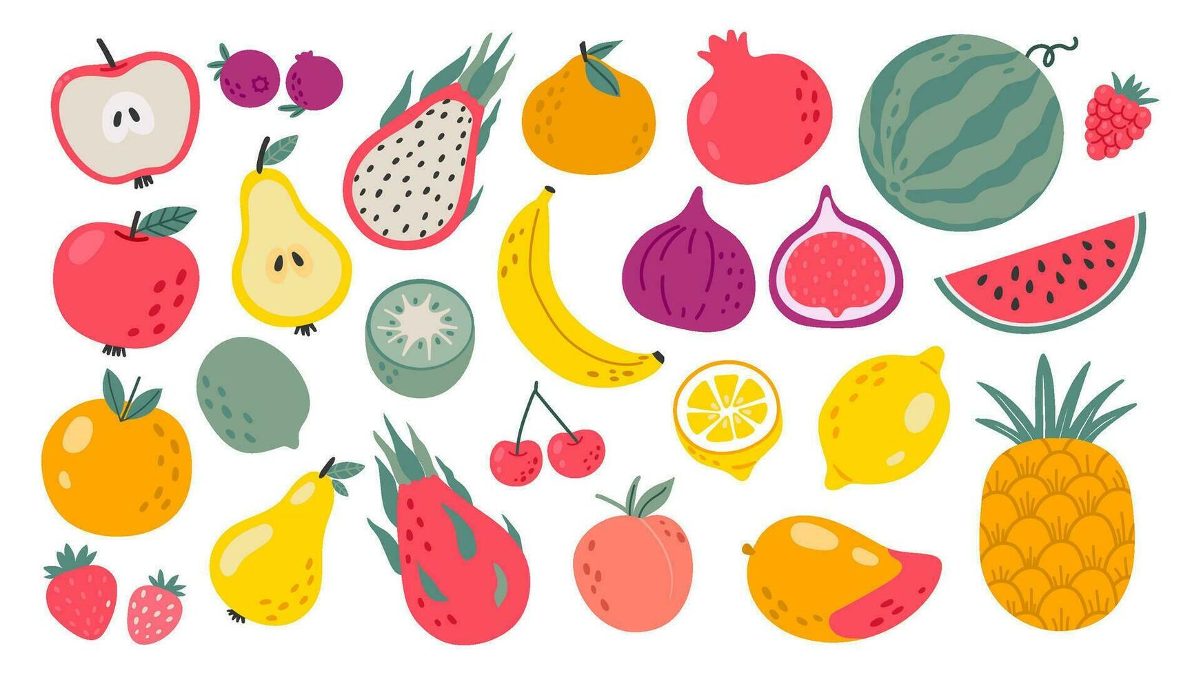 Hand gezeichnet Früchte. Gekritzel natürlich tropisch Frucht, organisch Apfel, Vitamin Zitrone und Zitrusfrüchte orange. Banane, Süss Pfirsich und Wassermelone Vektor einstellen