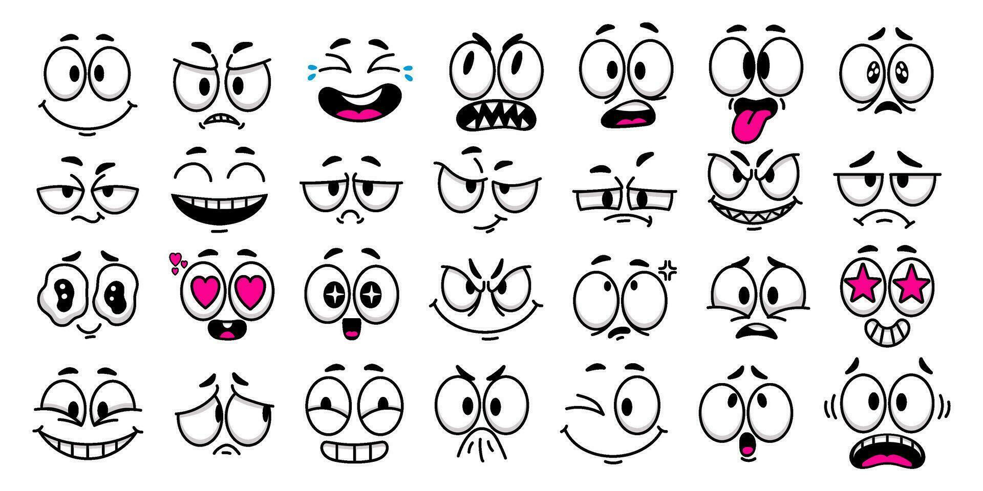 Karikatur Gesichter. Gesichts- Ausdrücke zum retro alt Stil Zeichen oder 1970er Jahre Animation Maskottchen Vektor Illustration einstellen