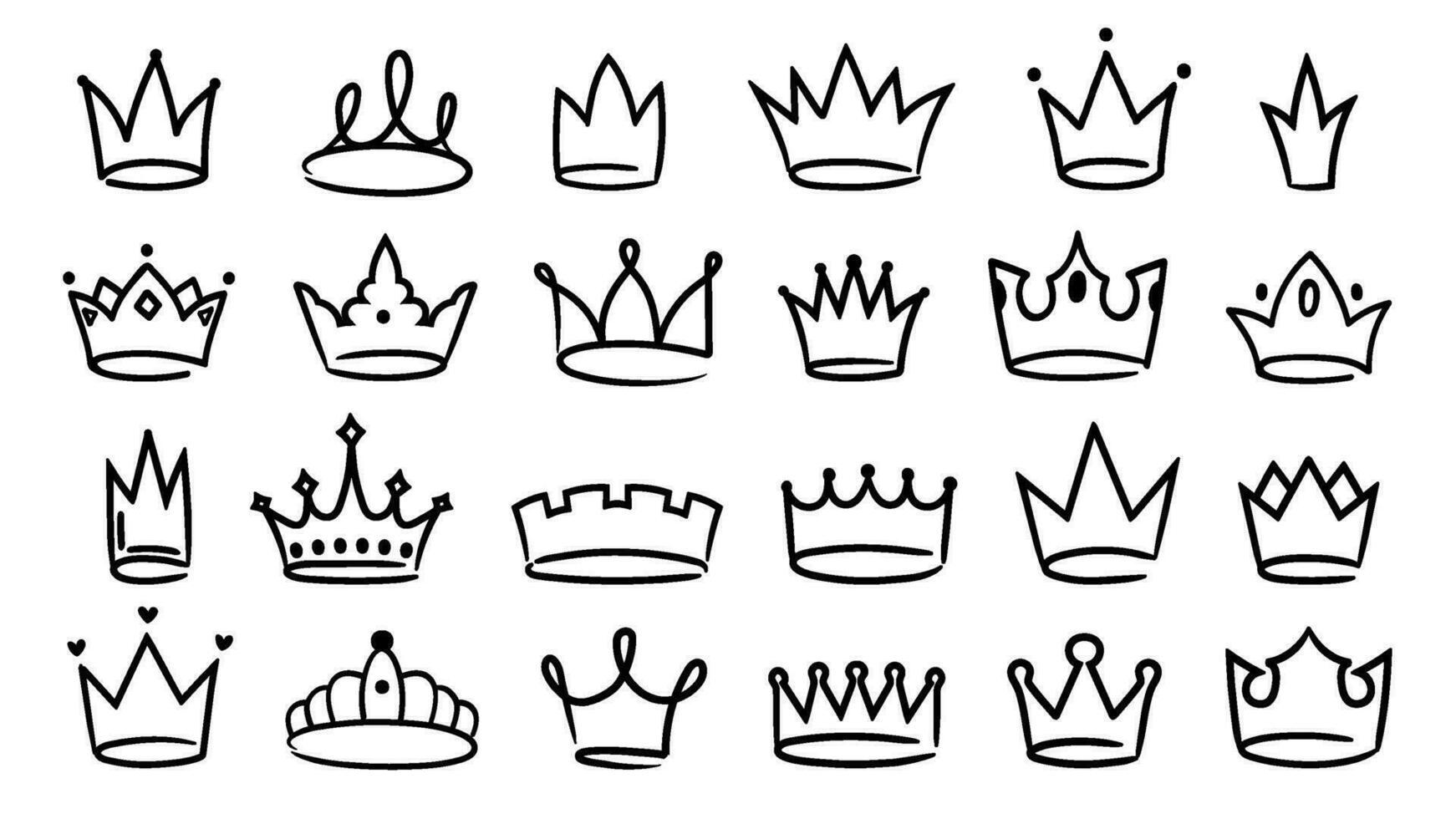 hand dragen krona. enkel skiss kunglig kung och drottning kronor, hand dragen elegant majestätisk tiara och monark graffiti vektor ikoner uppsättning