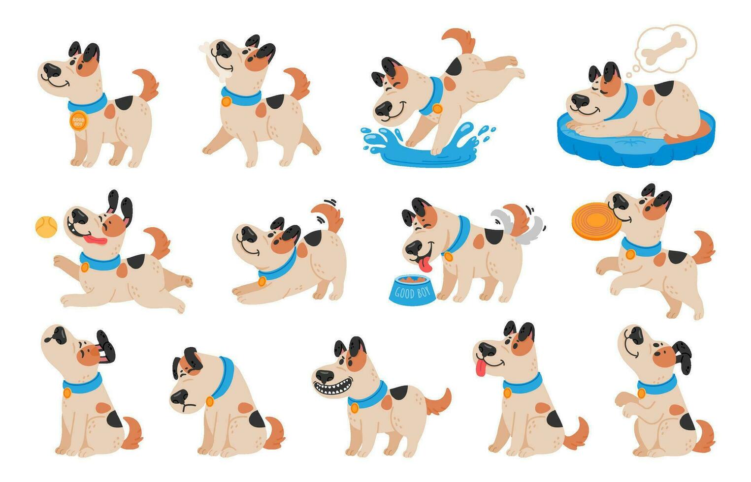 tecknad serie hund. aktiva sällskapsdjur djur, söt valp och hundar i annorlunda poserar, löpning, Hoppar och sovande karaktär vektor illustration uppsättning