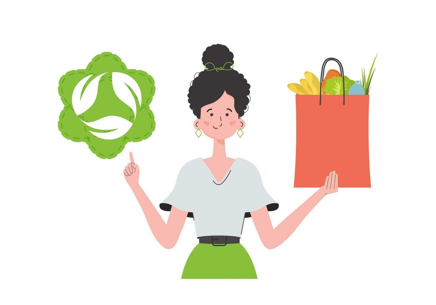 das Mädchen ist abgebildet Hüfthoch und hält ein Tasche von gesund Essen im ihr Hände und zeigt an das eko Symbol. isoliert. Trend Vektor Illustration.