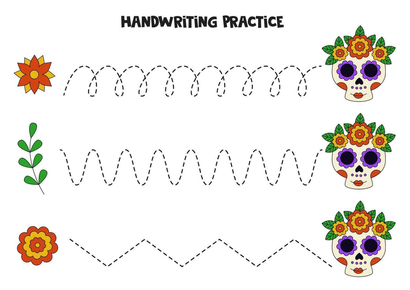 spårande rader för barn med mexikansk skallar calavera och blommig element. handstil öva. vektor
