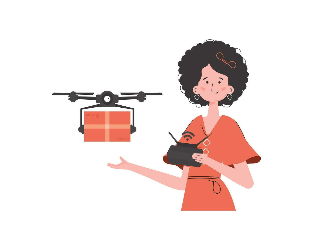 Lieferung Thema. ein Frau Kontrollen ein Drohne mit ein Paket. isoliert. modisch Stil. Vektor Illustration.
