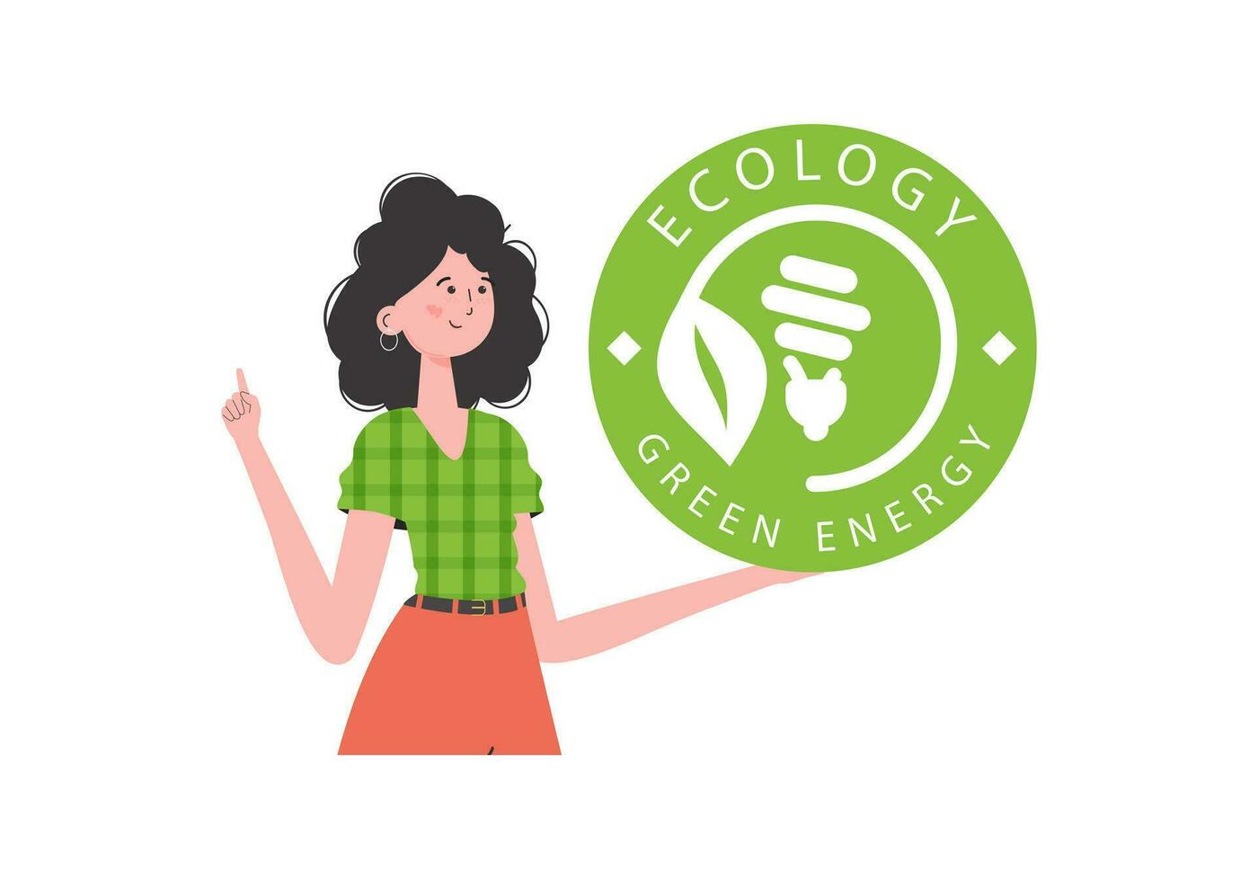 de flicka innehar de eco logotyp i henne händer. de karaktär är avbildad till de midja. de begrepp av grön energi och ekologi. isolerat på vit bakgrund. trendig stil. vektor illustration.