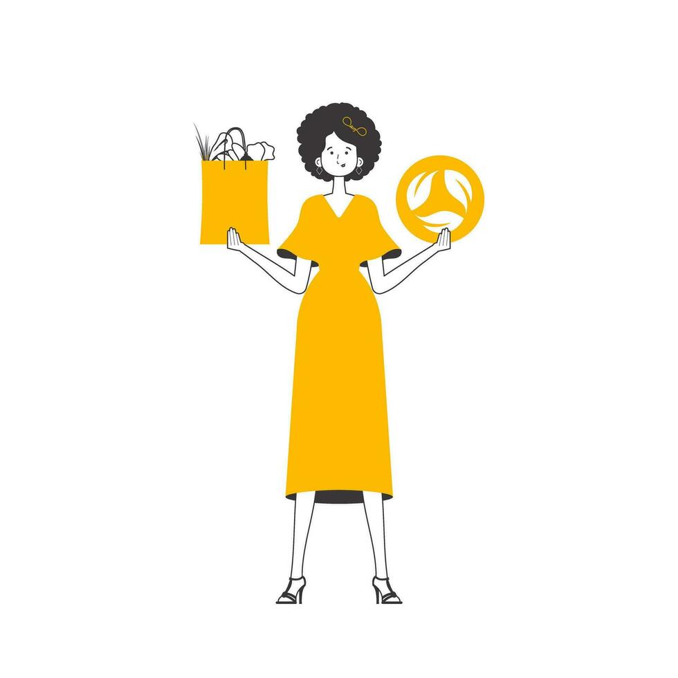 Mädchen, Paket mit Produkte und Öko Logo. das Konzept von ökologisch Produkte. linear modern Stil. isoliert auf Weiß Hintergrund. Vektor Illustration.