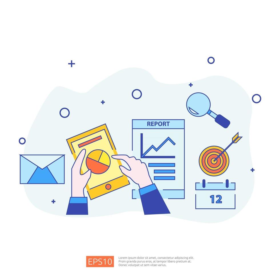 diagram dokument data rapport koncept för affärsstatistik, investeringsanalys, planeringsforskning och finansrevisionsredovisning med pappersark, händer, förstoringsglas, pappersarbete, diagram, diagramelement vektor