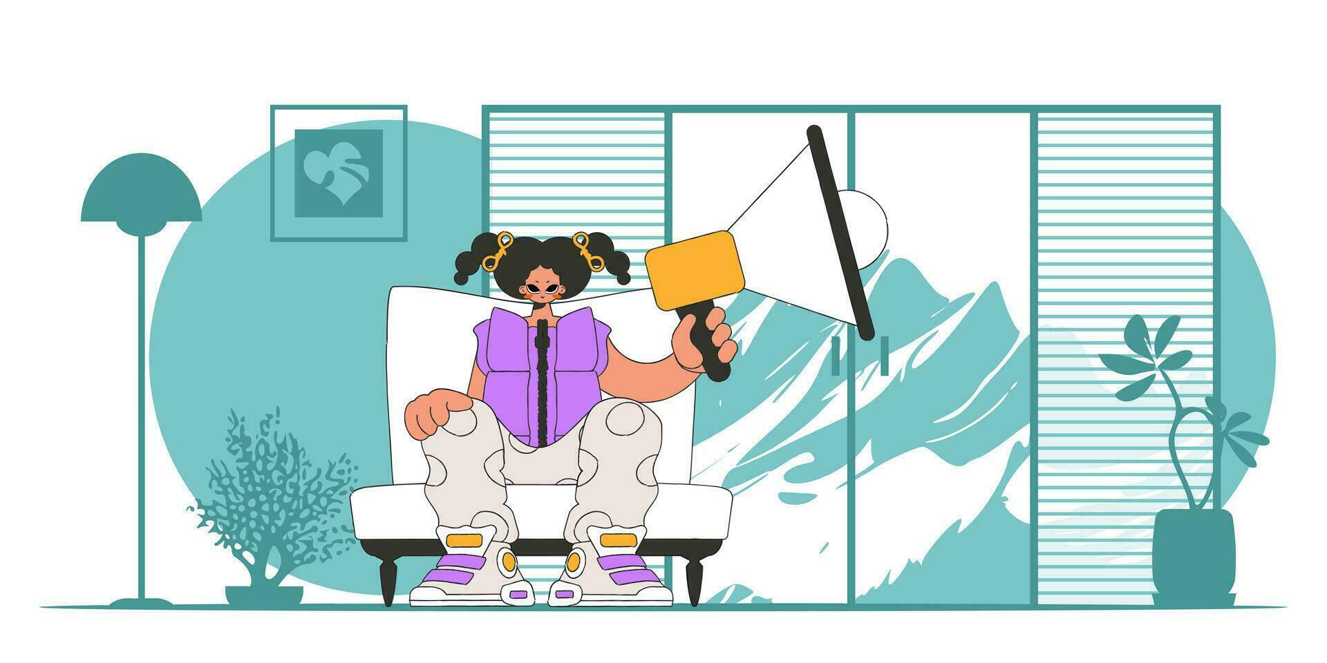 stilisiert Vektor Illustration von ein Std Vertreter. ein jung Mädchen sitzt im ein Stuhl und hält ein Megaphon im seine Hand.