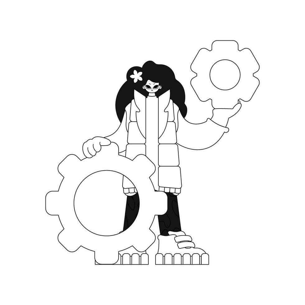 flicka innehar kugghjul i händer. linjär vektor illustration.