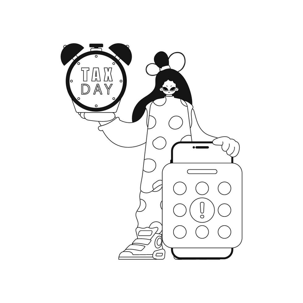 Mädchen hält Kalender und Alarm Uhr, symbolisieren MwSt Tag. Vektor Illustration im linear Stil.