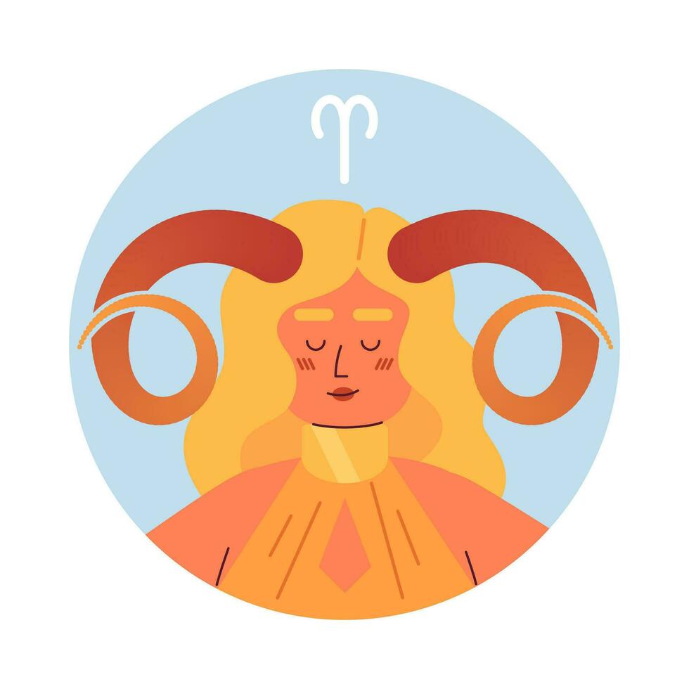 aries zodiaken tecken platt runda vektor fläck illustration. blond kvinna med vriden horn 2d tecknad serie karaktär på vit för webb ui design. astrologi isolerat redigerbar kreativ hjälte bild