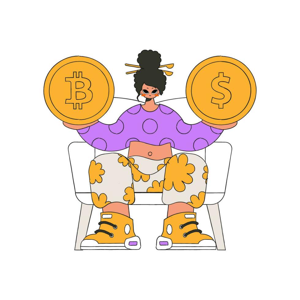 ein Frau hält ein Münze von Bitcoin und Dollar im ihr Hände. Charakter modisch retro Stil. vektor