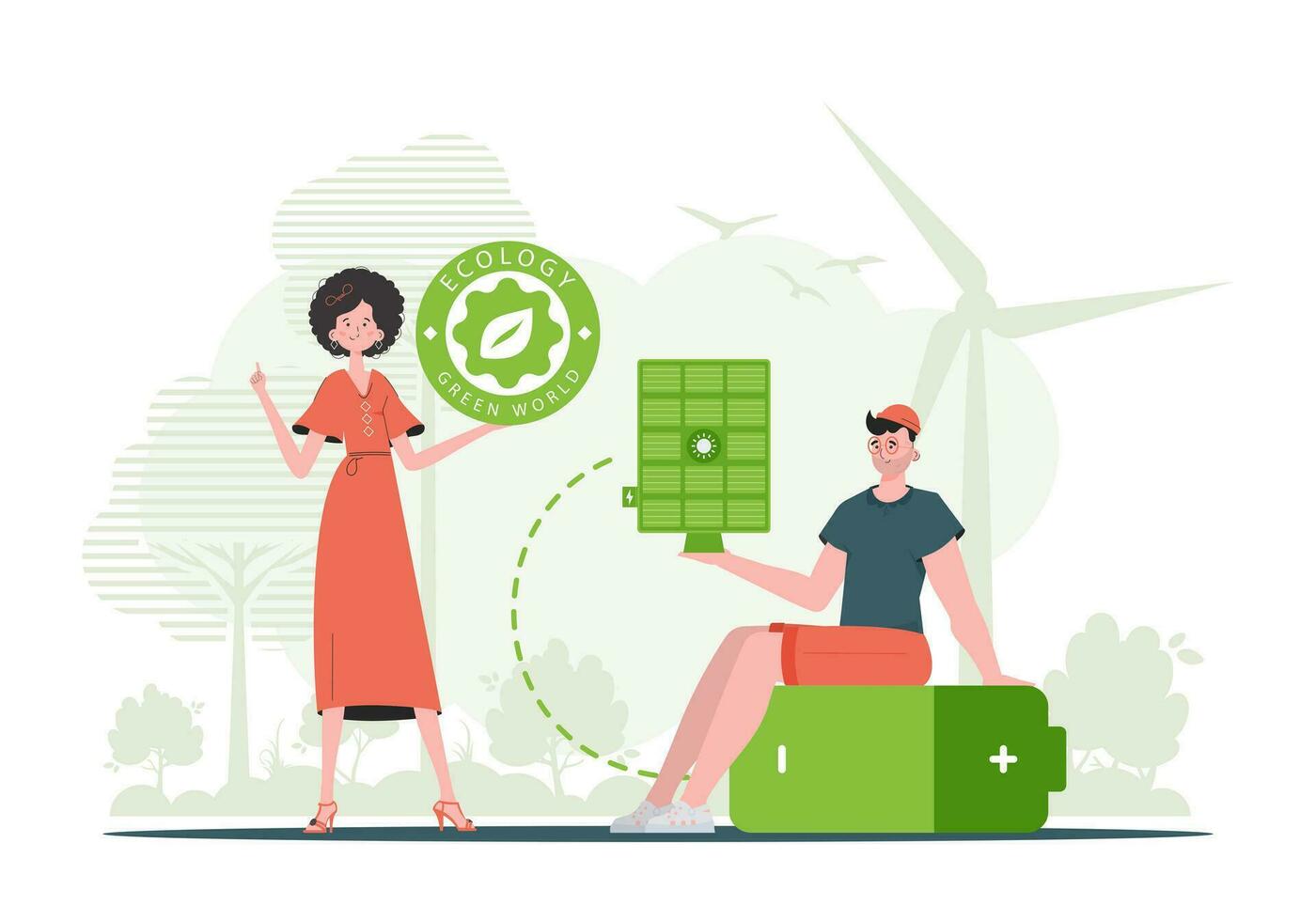 ein Mädchen und ein Kerl und ein Solar- Tafel. Öko Energie Konzept. Vektor Illustration.