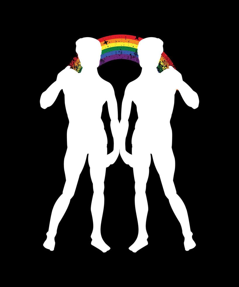 T-Shirt Design von zwei männlich Silhouetten trat bei durch ein Regenbogen. Statue von David von Florenz, Italien gemacht durch Michelangelo. Vektor Illustration zum Fröhlich Stolz Tag.