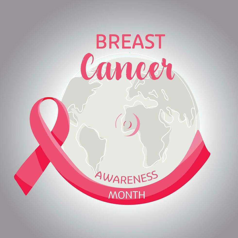 bröst cancer medvetenhet månad baner. illustration av planet jord med rosa band på grå bakgrund. Begagnade för grafik, banderoller, ikoner, klistermärken och etc. vektor