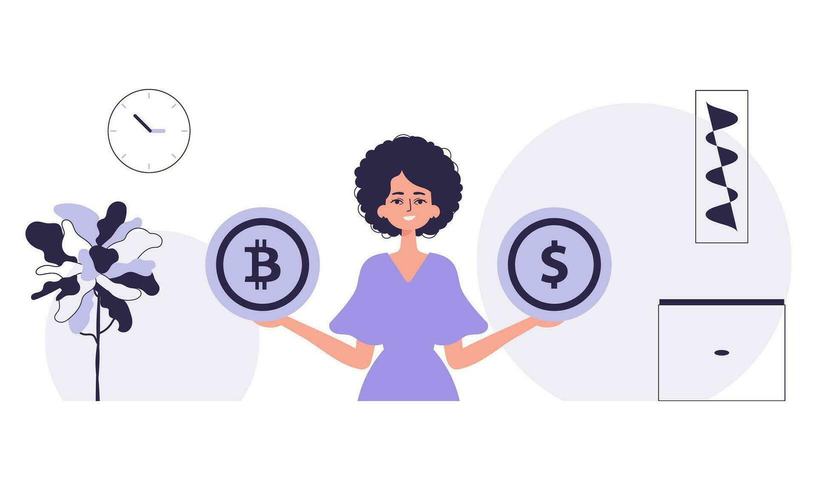 das Konzept von Bergbau und Extraktion von Bitcoin. ein Frau hält ein Bitcoin und ein Dollar im ihr Hände. Charakter mit ein modern Stil. vektor