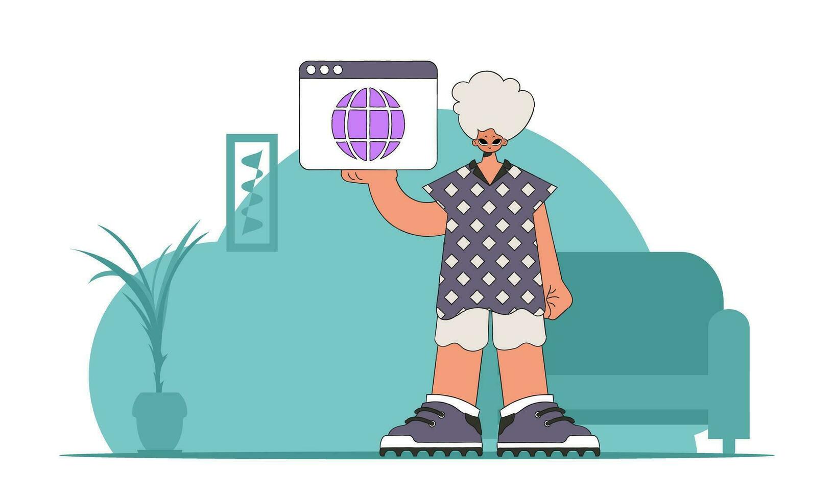 en ljus och eleganta illustration av en man innehav en browser fönster i hans händer. material för pedagogisk innehåll. perfekt för tillsats en modern och tech Rör till din projekt. vektor