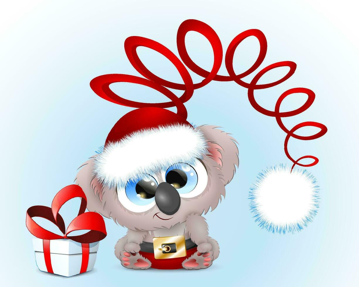 süß flauschige komisch Karikatur Weihnachten Koala mit Geschenk Box und komisch Santa Hut. vektor