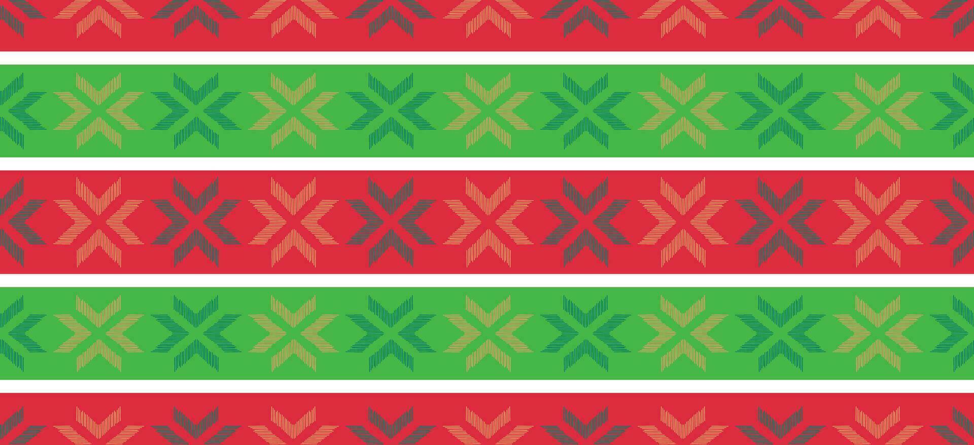 Motiv Weihnachten ethnisch handgemacht schön Ikat Kunst. Weihnachten Hintergrund. Volk Stickerei Weihnachten Muster, geometrisch Kunst Ornament drucken. Rot, Grün, Weiß Farben. Schneeflocke, Stern, Weihnachtsstern Design. vektor