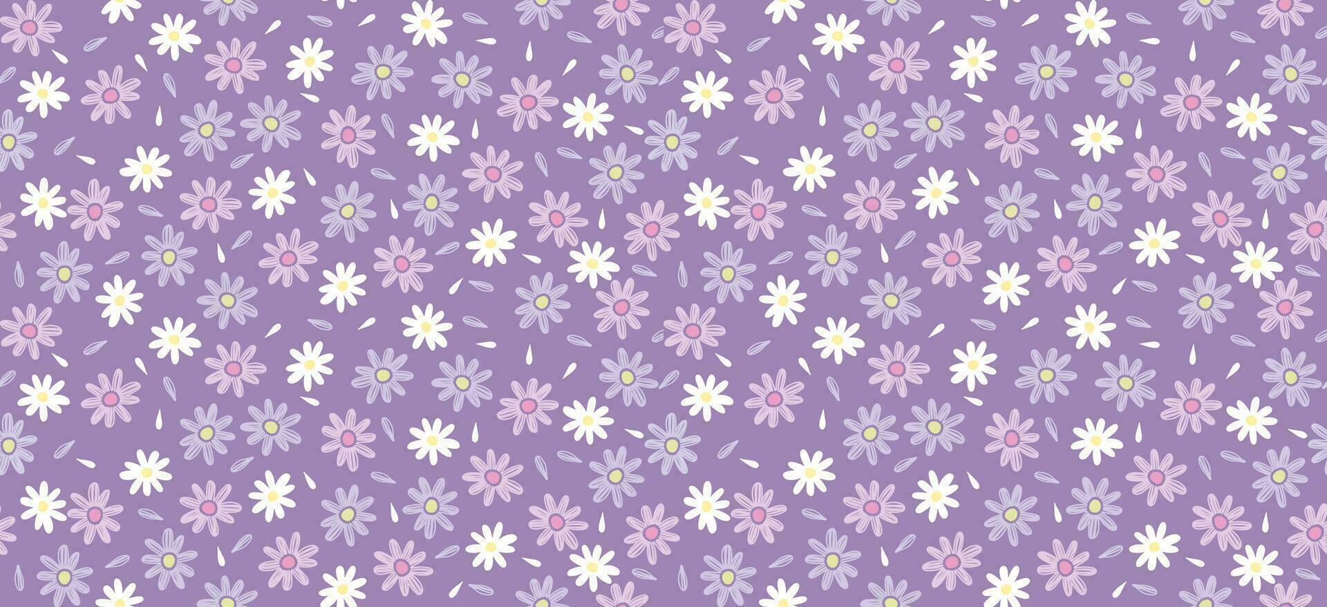 daisy blomma mönster. skön vit blomma bakgrund. blommig blomma daisy. vår vit blomma design vektor. tusenskönas på en lila bakgrund. vektor design för tyg, slå in papper, skriva ut kort.