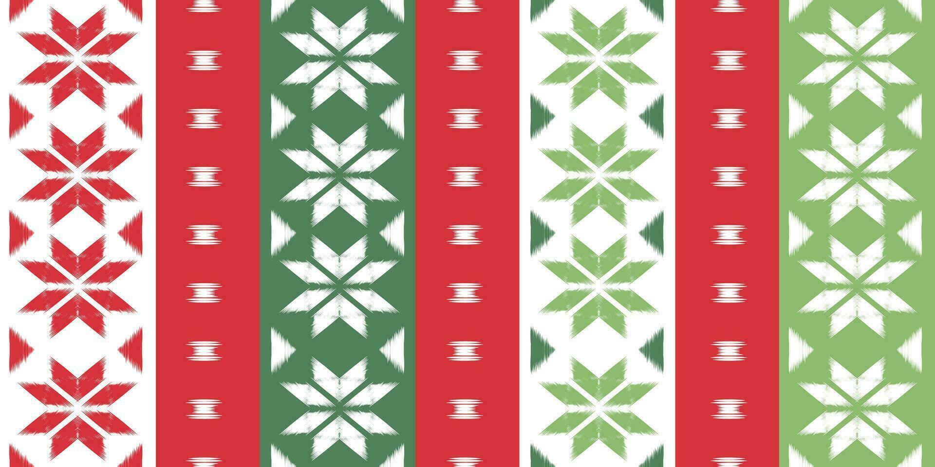 Motiv Weihnachten ethnisch handgemacht schön Ikat Kunst. Weihnachten Hintergrund. Volk Stickerei Weihnachten Muster, geometrisch Kunst Ornament drucken. Rot, Grün, Weiß Farben. Schneeflocke, Stern, Weihnachtsstern Design. vektor