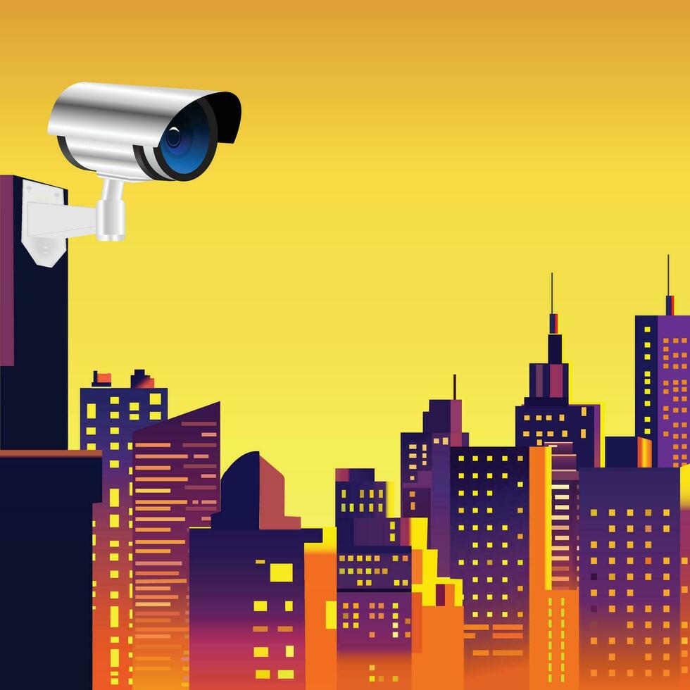 cctv Kameras realistisch zur Verfügung stellen Sicherheit mit Bild von Mauer Kamera mit Nacht Stadt Beleuchtung Hintergrund. Vektor Illustration eps 10.