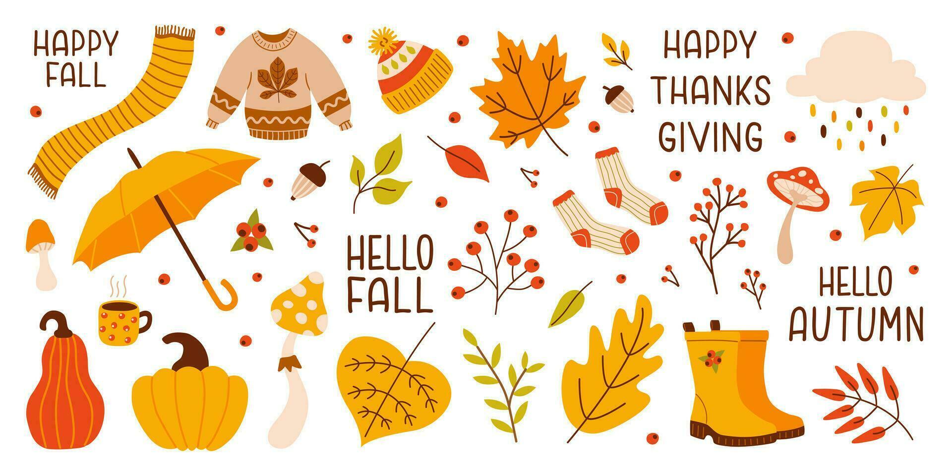 färgrik höst uppsättning av säsong- element, löv, pumpor, bär, svamp och ollon isolerat på en vit bakgrund. vektor tecknad serie illustration