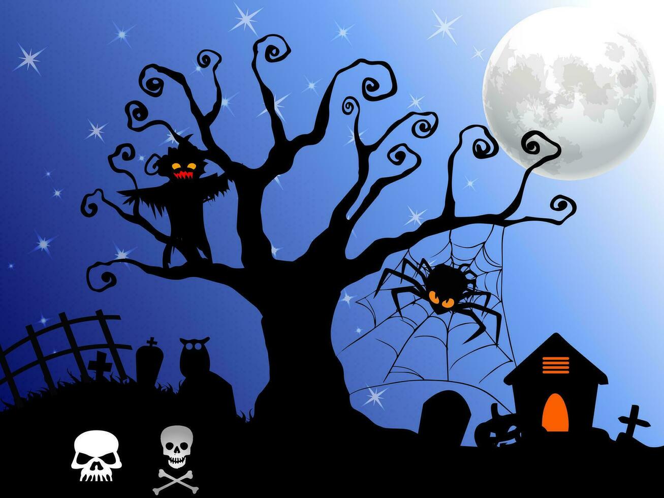 Halloween Tag Fest Symbole zum Banner, Karten, Flyer, Sozial Medien Tapeten, usw. Halloween Illustration. horizontal Banner mit Kürbisse auf Nacht Hintergrund. Herbst Landschaft. vektor