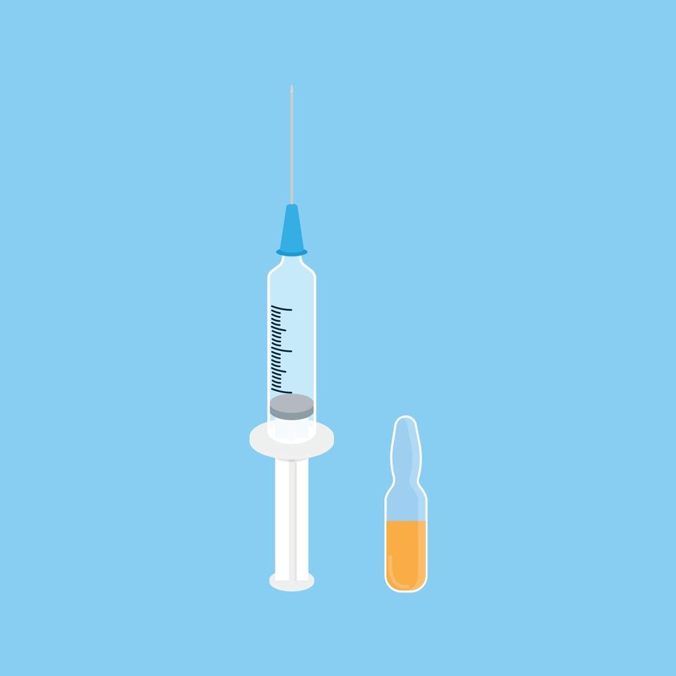 medicinsk plaktisk spruta skott med nål och vaccin glasflaska platt stil design vektorillustration isolerad på ljusblå bakgrund ikon tecken. begreppet vaccinutrustning och patientbehandling. vektor