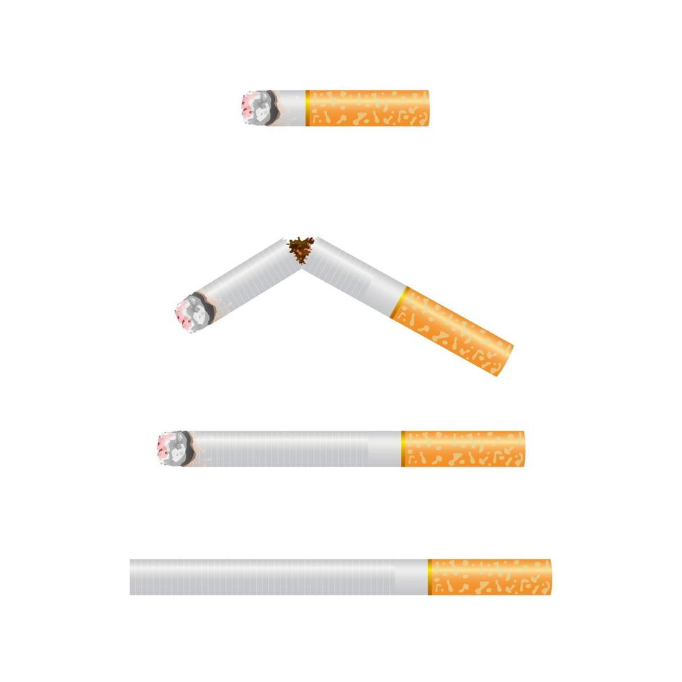 realistisk design av 4 olika storlekar av vit cigarett. brinnande, ingen brinnande och trasig 3d design stil vektorillustration isolerad på vit bakgrund. vektor
