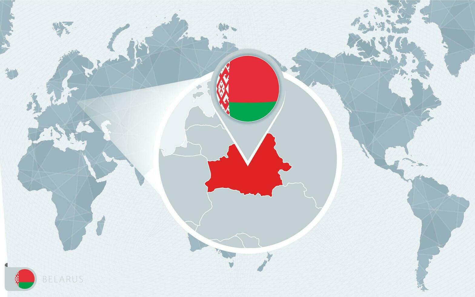 pacific centrerad värld Karta med förstorade belarus. flagga och Karta av belarus. vektor