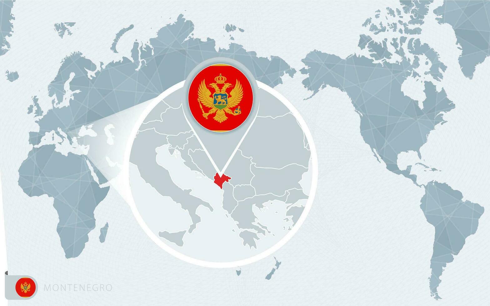 pacific centrerad värld Karta med förstorade montenegro. flagga och Karta av montenegro. vektor