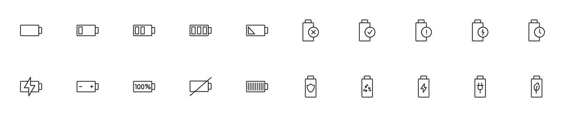 Batterie Konzept. Sammlung von modern hoch Qualität Batterie Linie Symbole. editierbar Schlaganfall. Prämie linear Symbol zum Netz Websites, Flyer, Banner, online Geschäfte und Firmen. vektor