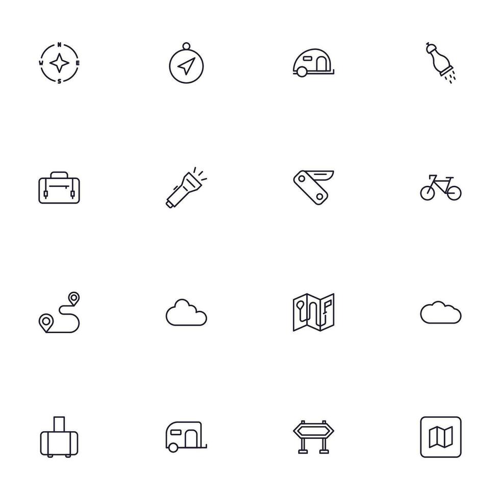 Reise Symbol Satz. Sammlung von draussen Aktivität Zeichen zum Netz Design, ui Design, Handy, Mobiltelefon Anwendung, usw. entspannen Gliederung Symbol. Camping schwarz Piktogramm auf Weiß Hintergrund. vektor