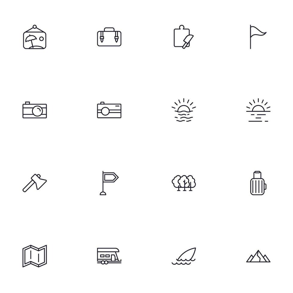 Reise Symbol Satz. Sammlung von draussen Aktivität Zeichen zum Netz Design, ui Design, Handy, Mobiltelefon Anwendung, usw. entspannen Gliederung Symbol. Camping schwarz Piktogramm auf Weiß Hintergrund. vektor